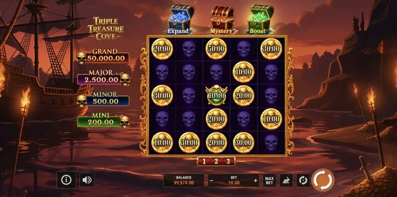 Triple Treasure Cove – hovedskjermen med hjulene og piratbukten